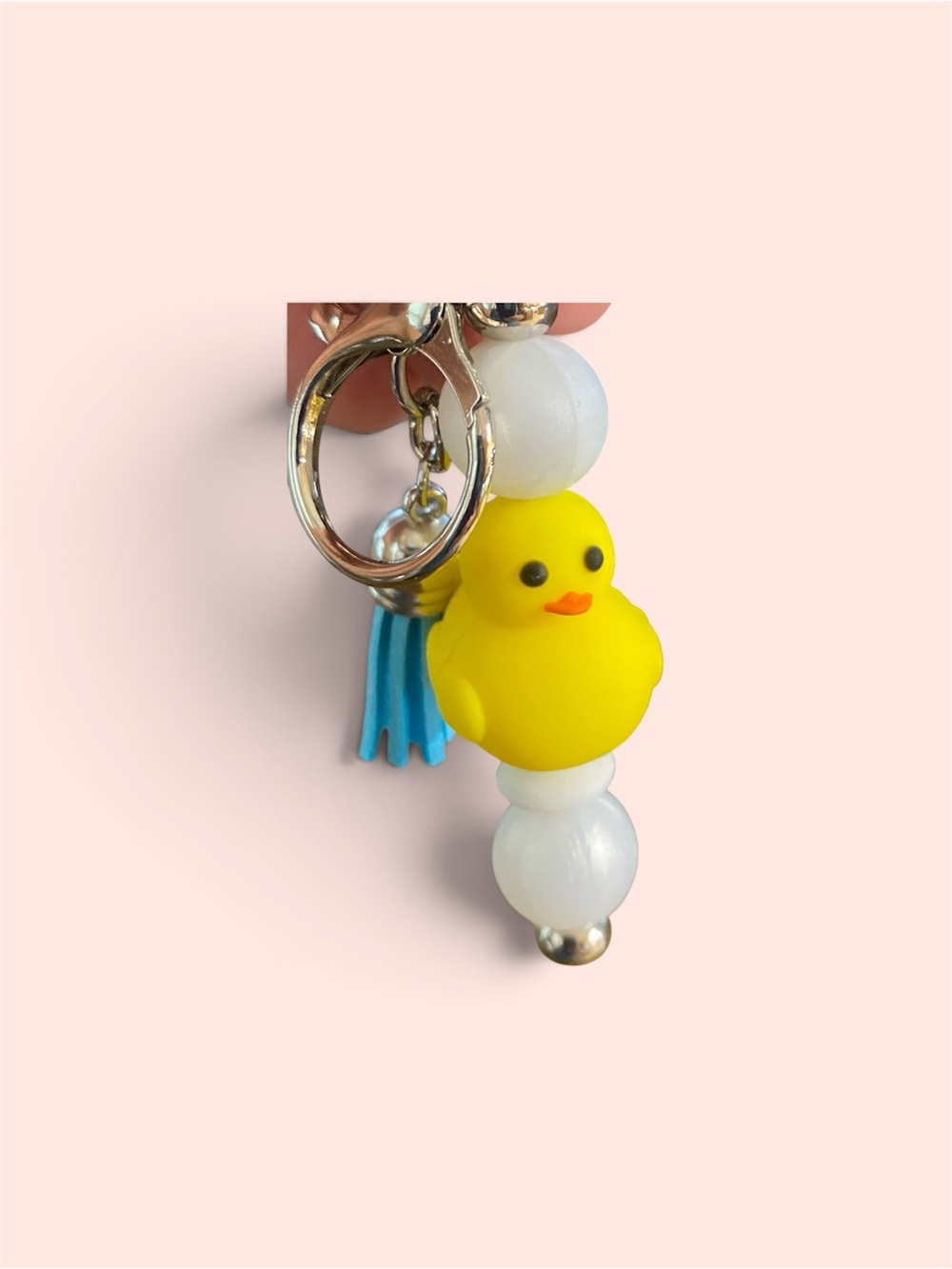 Hand Crafted Yellow Duck Bead Keychain with Blue Tassel